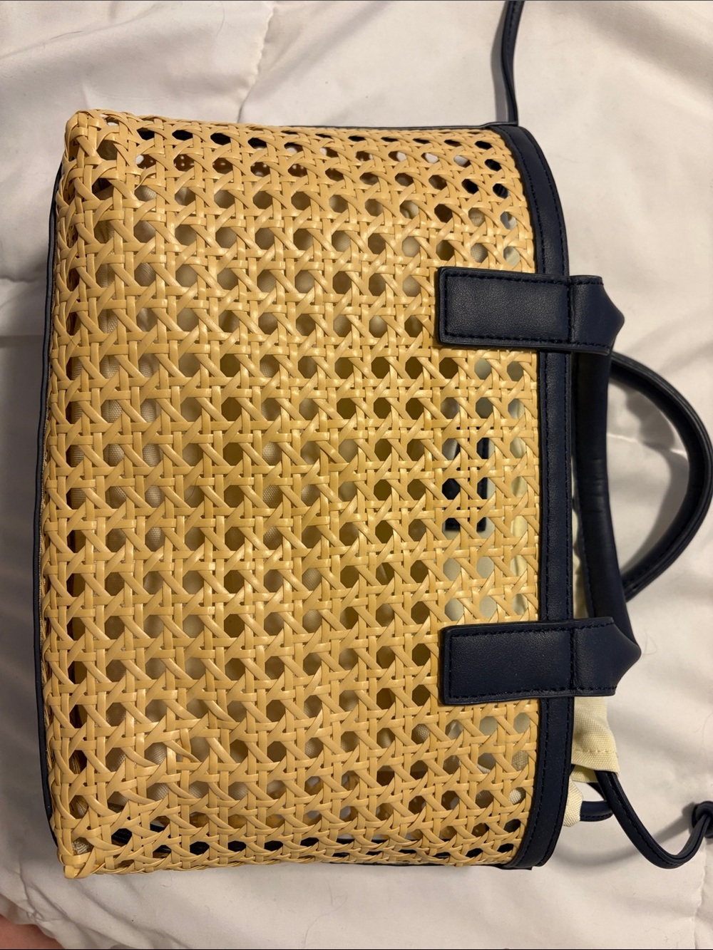 Woven Straw Tote Bag with Navy Trim